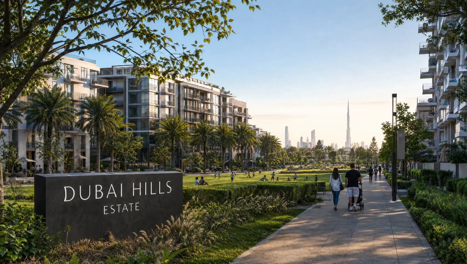 Dubai Hills Estate sign beside landscaped parkland, apartment buildings and a pedestrian path