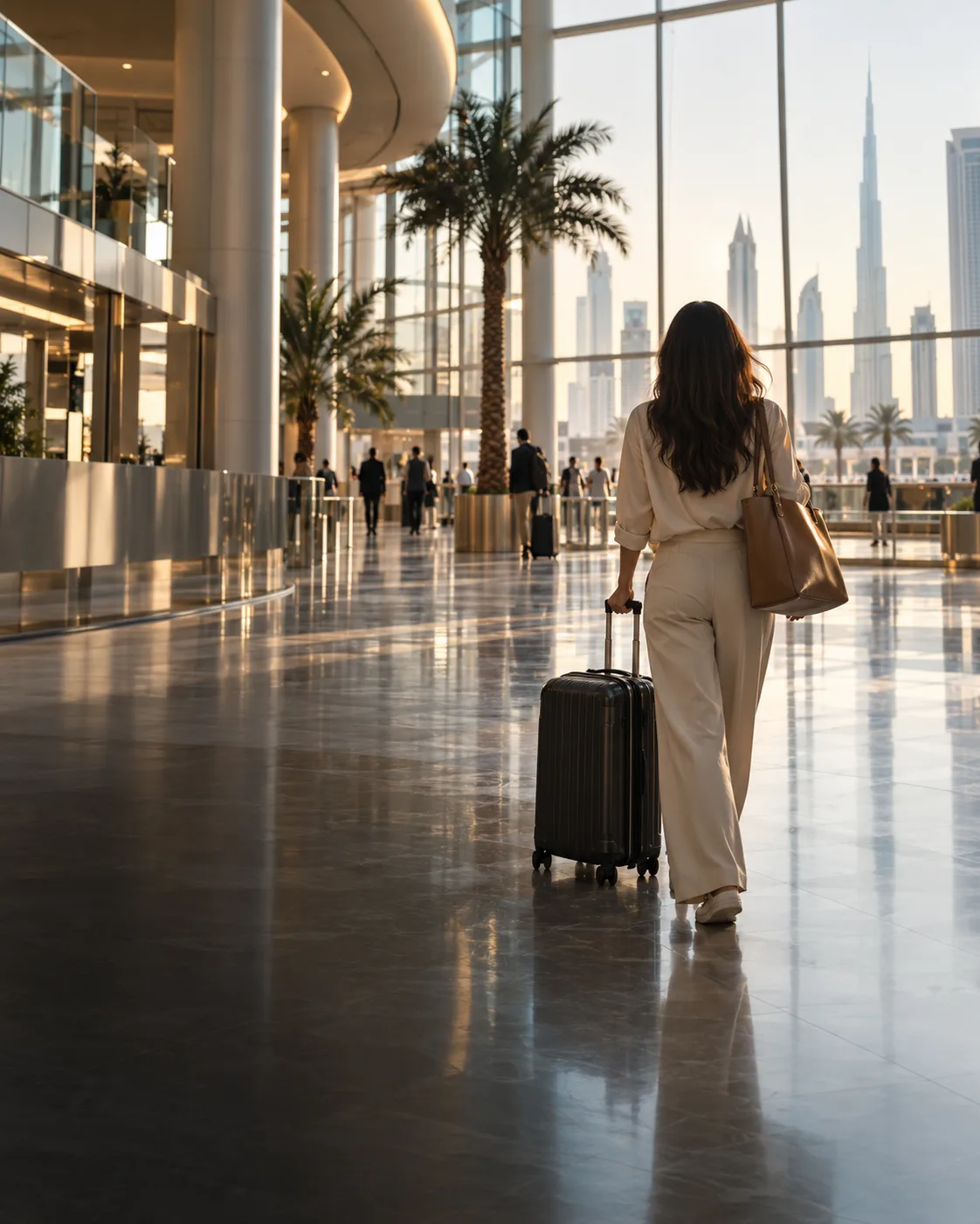 Traveller walking through an airport arrivals hall with a suitcase