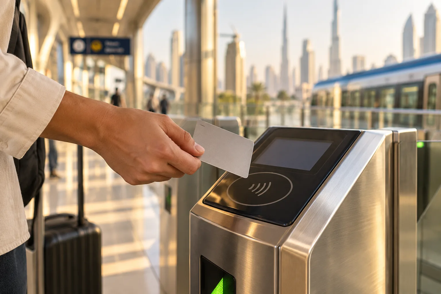Illustration of a traveller holding a contactless card at a Metro fare gate