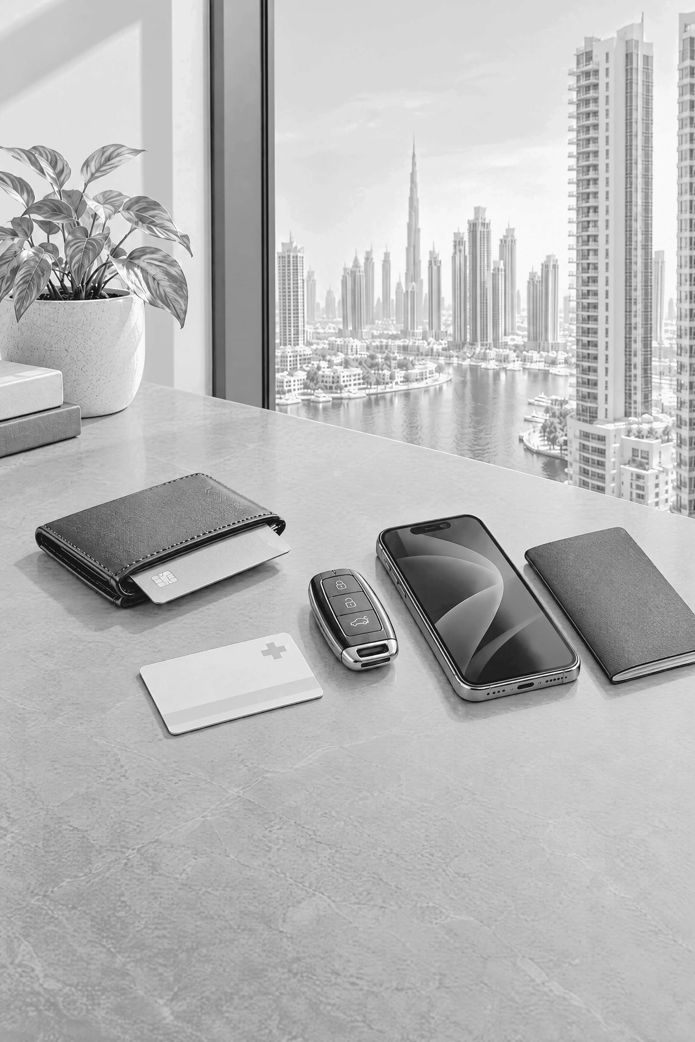 Wallet, cards, smartphone, and car key on a table with Dubai towers outside