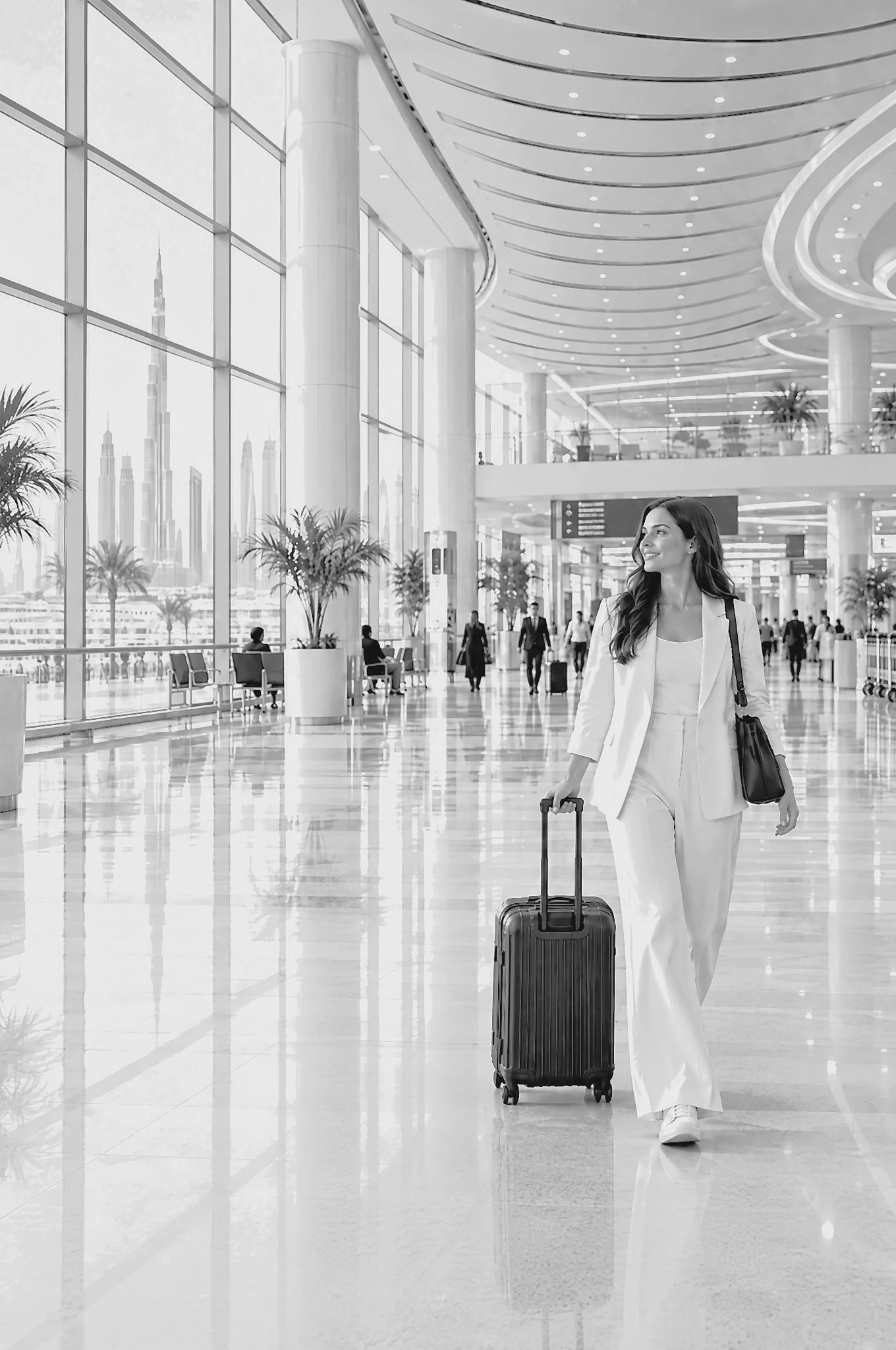 Traveler with suitcase in a bright Dubai airport arrivals hall