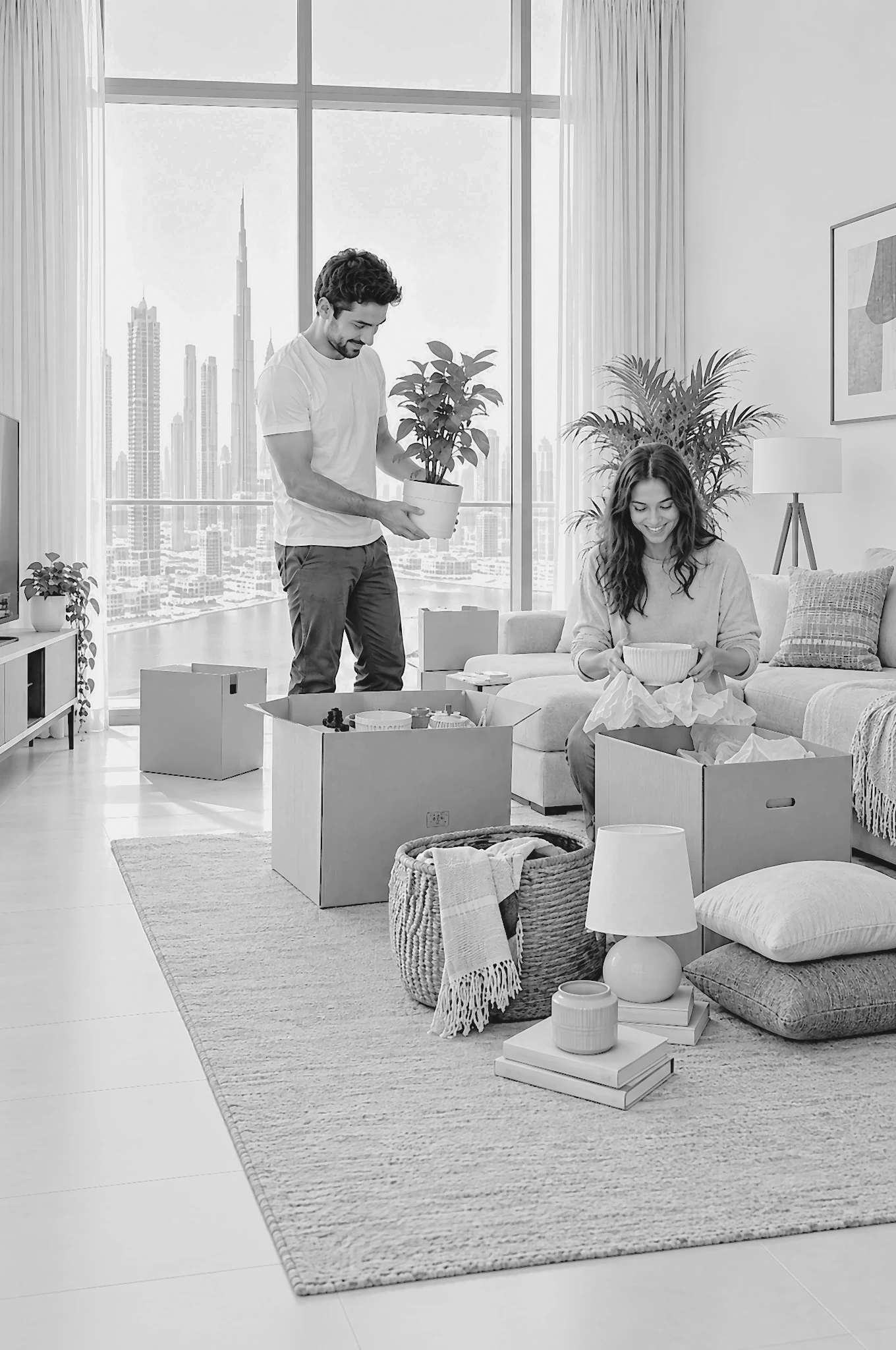 Moving boxes and homewares in a bright Dubai apartment