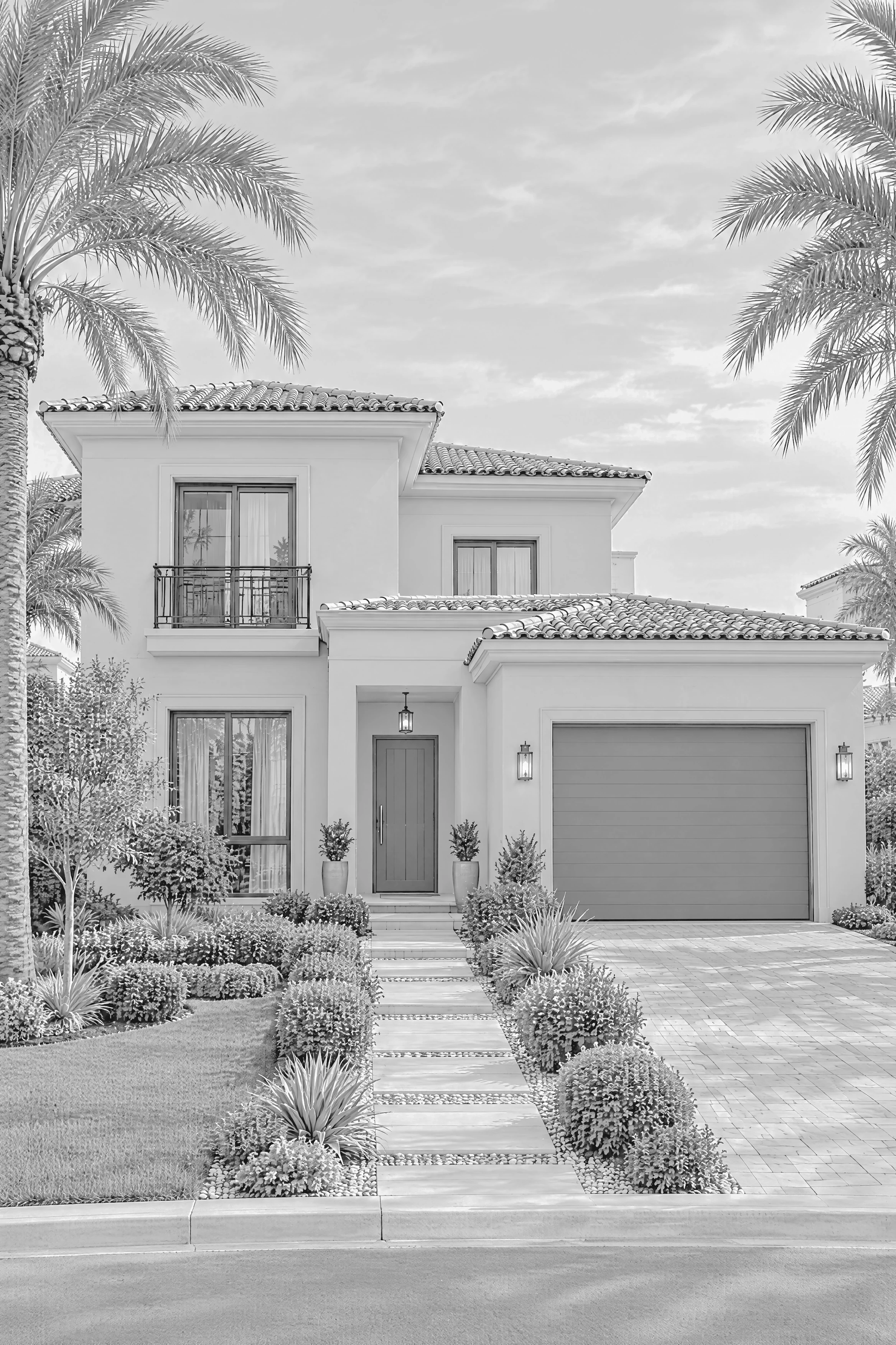 A detached Dubai villa with a private garden, front path and driveway